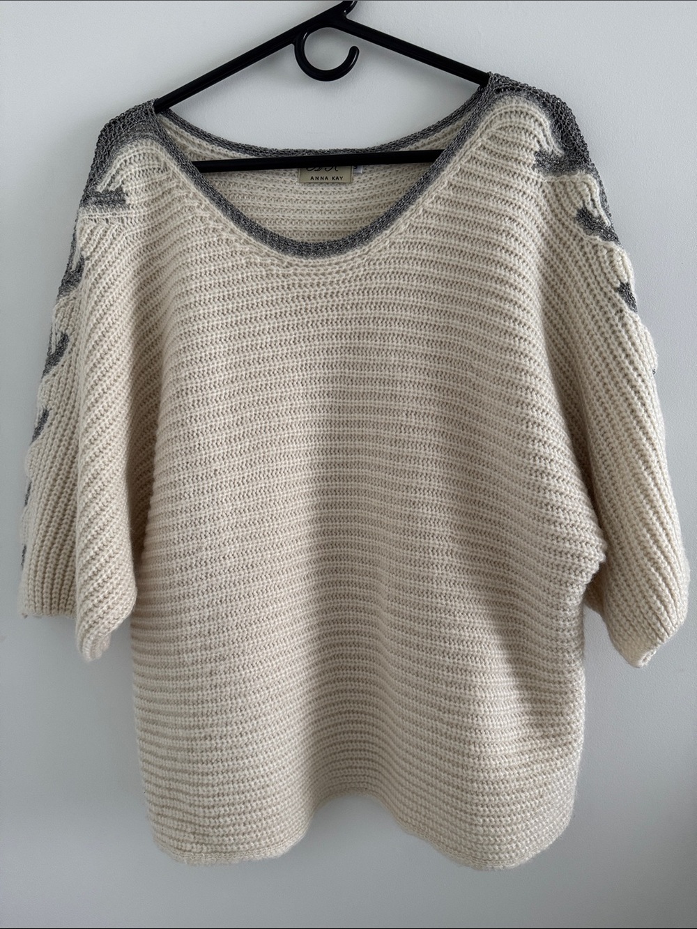 ANNA KAY Cream V-Neck Knit Sweater with Gray Trim